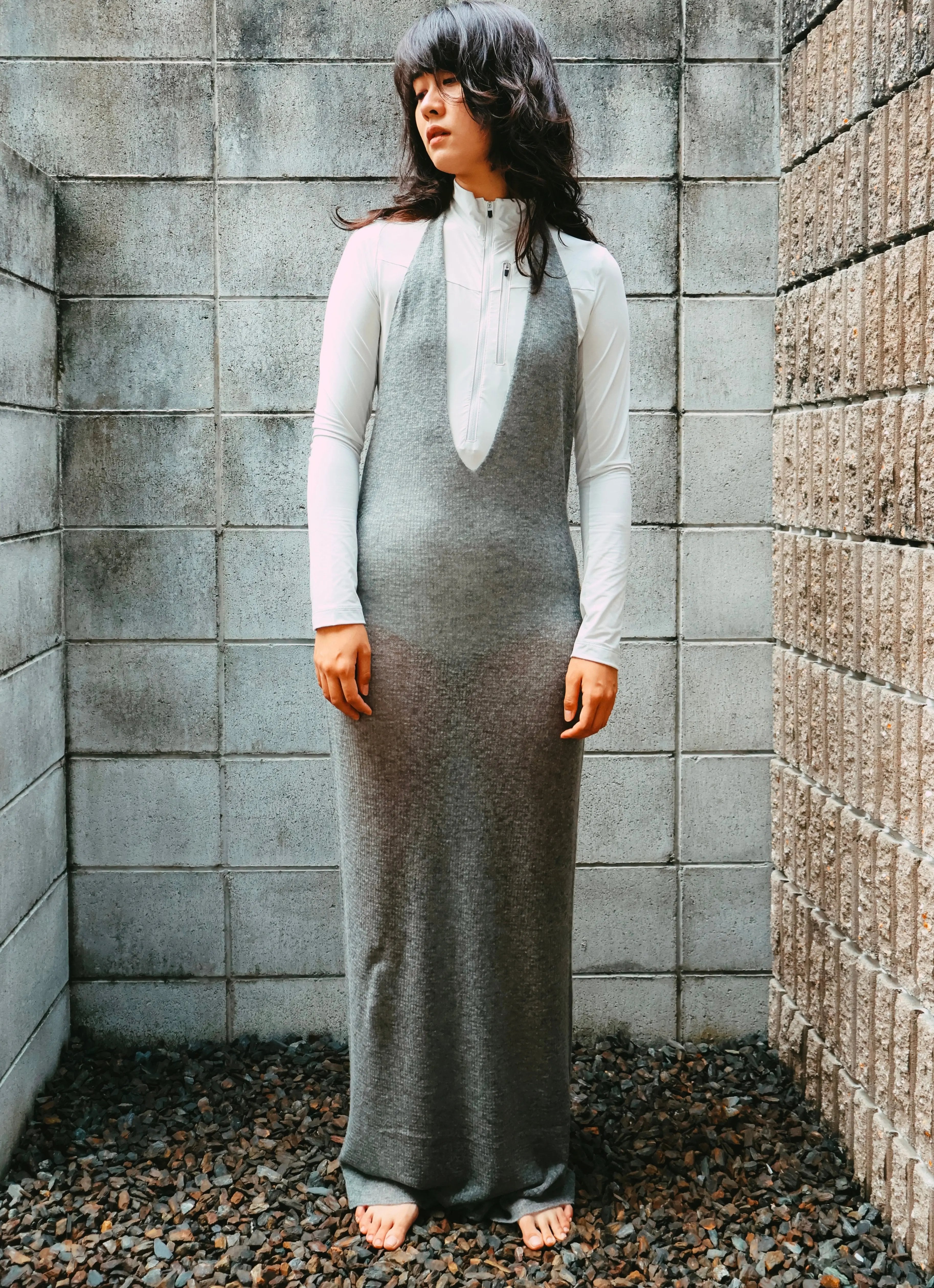 FUMIKA UCHIDA / GAUZE HALTER-NECK LONG DRESS / LIGHT GREY - 601