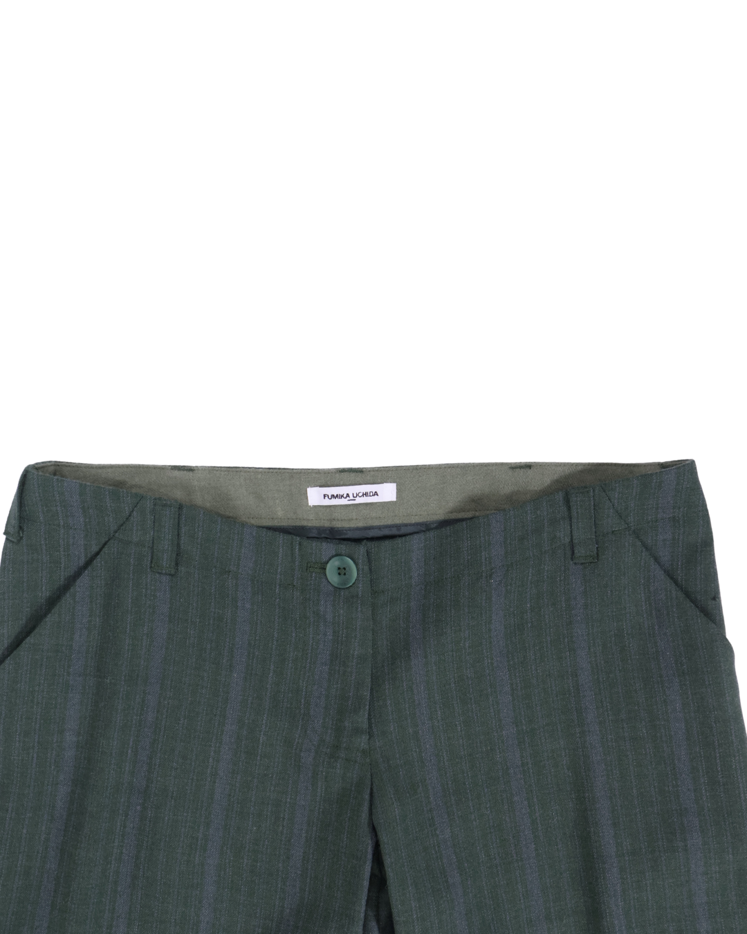 FUMIKA UCHIDA / STRIPED WOOL SUITING LOW-WAIST PANTS / TOP GREEN