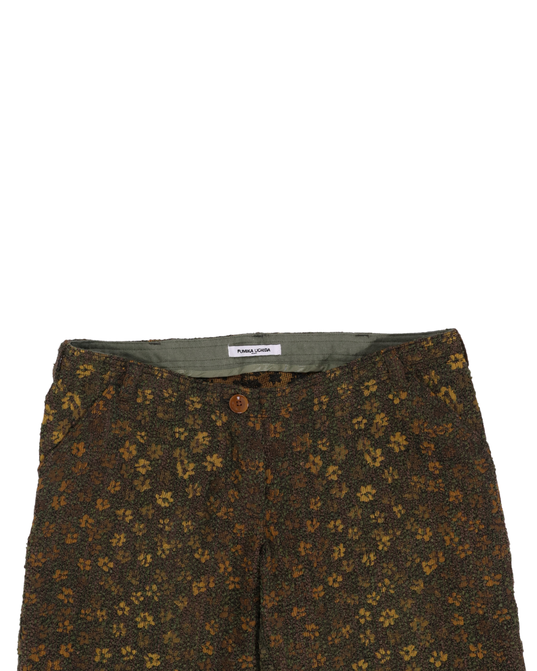 FUMIKA UCHIDA / BOUCLE JACQUARD LOW-WAIST TROUSERS / OLIVE/MUSTARD