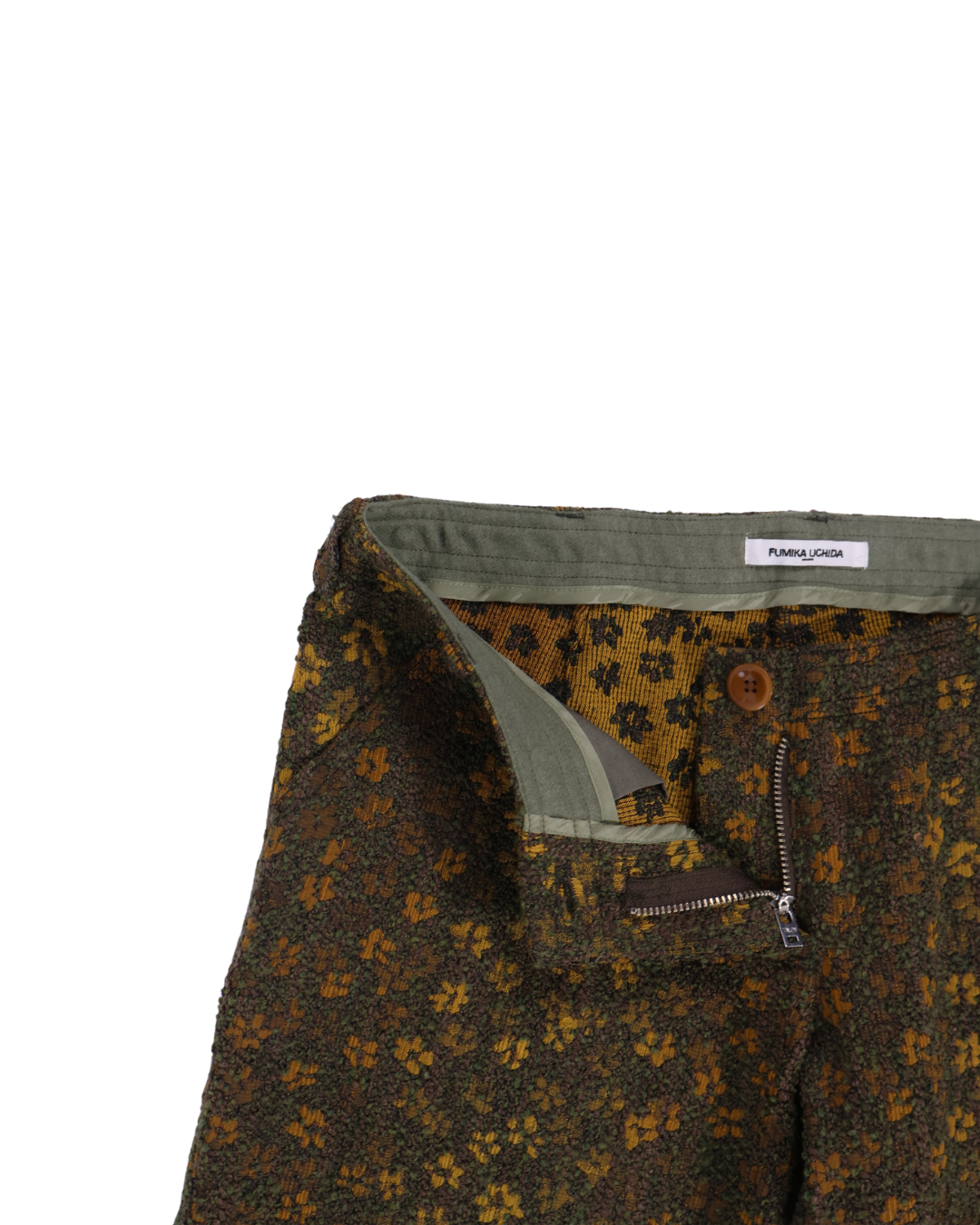 FUMIKA UCHIDA / BOUCLE JACQUARD LOW-WAIST TROUSERS / OLIVE/MUSTARD