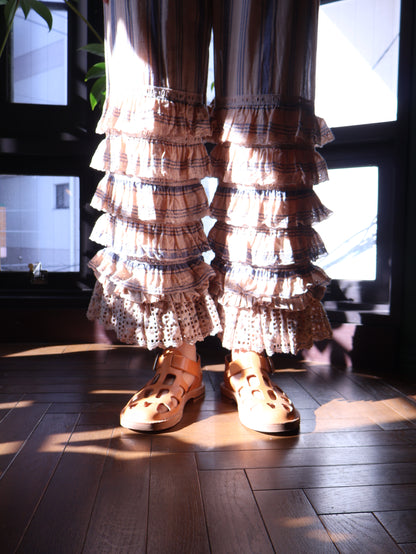 FUMIKA UCHIDA / STRIPED KHADI TIERED PANTS / PINKBEIGE