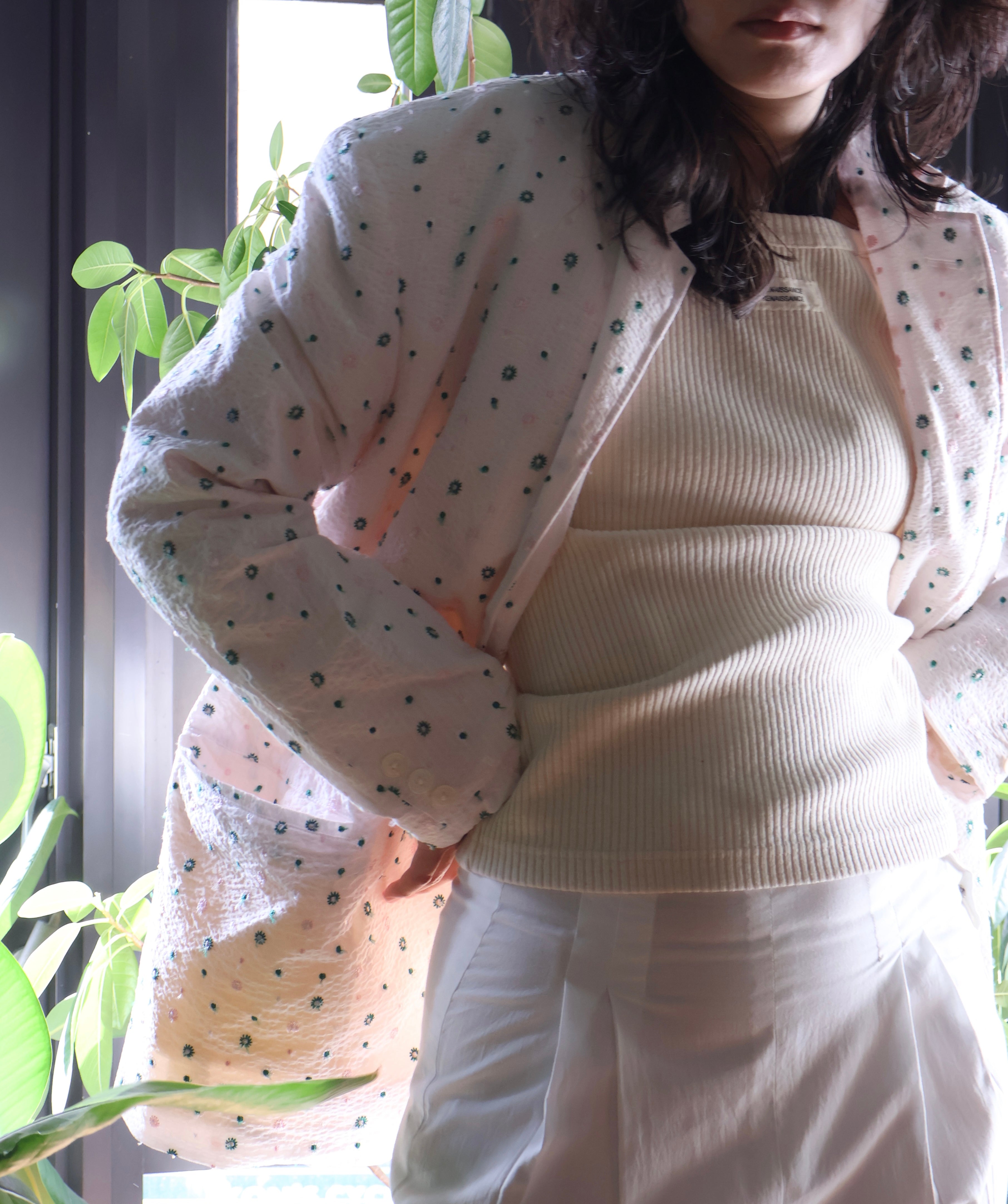 FUMIKA UCHIDA / SEERSUCKER NOTCHED LAPEL SINGLE JACKET / POWDER