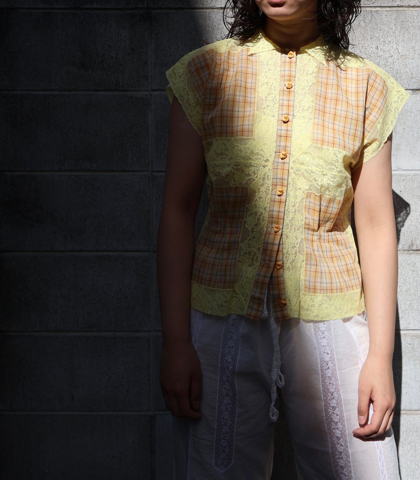FUMIKA UCHIDA / PLAID VOILE SLEEVELESS SHIRT / YELLOW